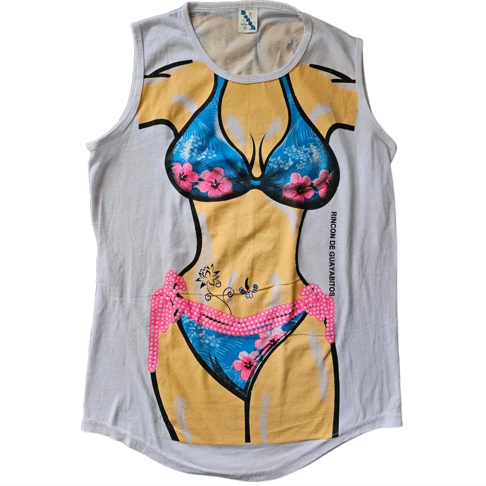 Vintage Beach Y2K White Tank Top with Woman In Bikini Graphic Funny